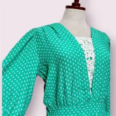 vintageヴィンテージワンピースフロントレース小花柄緑系レトロUSA海外古着