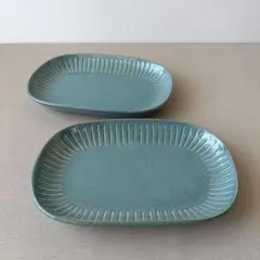 【2枚】新品 日本製 美濃焼 撥水十草 楕円皿 窯変 グリーンのサムネイル