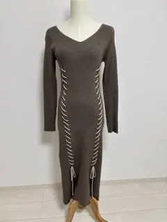 マーキュリーデュオ　リブ編みブラウンロングワンピース