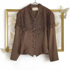 美品 ブラウス 花柄レース セーラーカラー ショール ブラウン 茶色 古着 長袖