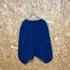 長袖ニット セーター 無地 アンゴラ Vネック シンプル ネイビー レディース