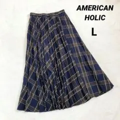 【アメリカンホリック】ロングプリーツスカート (Ｌ) チェック柄 ネイビー