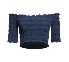 KENZO オフショルダー シャーリング トップス ネイビー Sのサムネイル