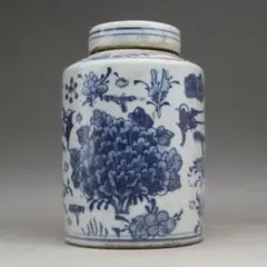 景徳鎮 青花喜字茶筒 景徳鎮 陶磁器 装飾品 現代工芸品 美術品 置物