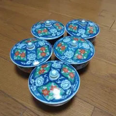青地に赤い花柄 蓋付き湯飲み 5個セット