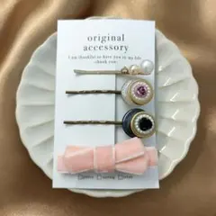 ✾ハンドメイド✾ヘアピン＆ベルベットリボンヘアクリップ　ピーチ　4点セット