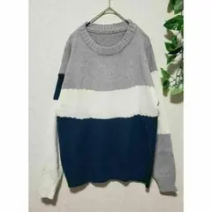 韓国風　ニット　メンズ　春秋　薄手　ブルー×グレー