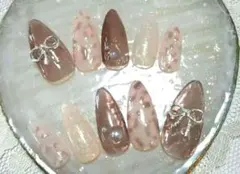 現品♡ベージュブラウン控えめヒョウ柄ネイル リボン パール ちゅるん 韓国y2k