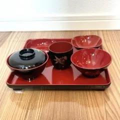 お食い初め　漆器 7点セット 箸付き　赤黒 金魚デザイン