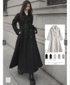 ベルト付きフェイクウールフレアロングコート　黒