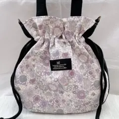 丸っこくて可愛い巾着トートバッグ☆ パープル系花柄×ブラック　ハンドメイド