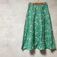 イナ　綿100%　日本製　フレアスカート　ロング丈　花柄　総柄　緑　白　ゆったり