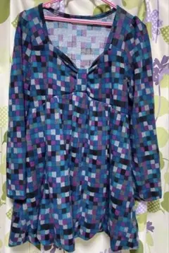 ブルー　Aラインチュニック レトロガール　ワンピース　秋冬　ロリータ　ガーリー