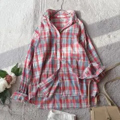 美品(L)長袖シャツ/ブラウス/綿100%/コットン/チェック/ミセス
