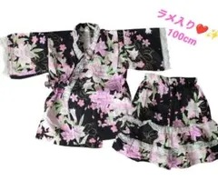 中古 キッズ浴衣 黒地 ピンク花柄 レース付き ラメ 夏祭り 浴衣　100cm