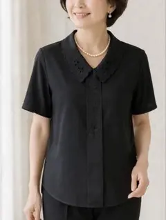 【新品・日本製】婦人ミセス 刺繍 半袖ブラウス ブラック 9号 冠婚葬祭　訳あり
