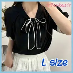 リボンブラウス ボウタイ 可愛い 半袖 シャツ ブラック L