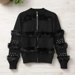 【美品】ファー×パール付き ブラック ジップアップ カーディガン 上品 ウール