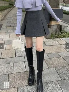 GRL インパン裏地付ボックスプリーツフレアミニスカート　Lグレー