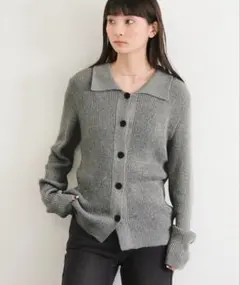 襟付きニットリブロングスリーブカーディガンフロントボタン　セレクトモカ