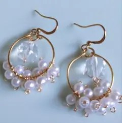 【素粒水ビーズ】小粒パールフープピアス☆イヤリング ハンドメイド