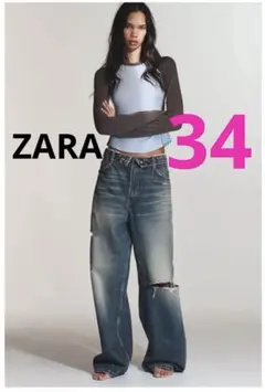 ZARA TRF ダメージ加工ミッドライズ折り返しウエストデニムパンツ 36