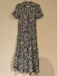 黒白花柄 半袖シャツワンピース ロング