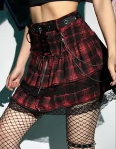 赤チェック フリル レース ミニ スカート ミサミサ風