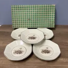 E-1 昭和レトロ 八角形 小皿 5枚セット 花柄 ブラウン 箱付き