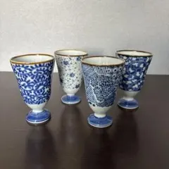 미사용 美濃焼 絵変り 染付 高台 フリーカップ 4客