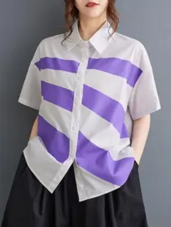 おしゃれ度高め 配色 カジュアル ゆったり 通勤 ブラウス 半袖 折り衿