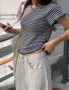 feelings evermore 韓国 ラッフルストライプTシャツ ネイビー