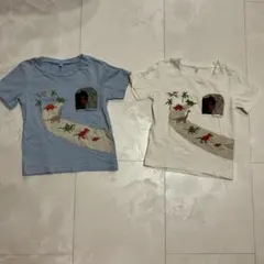 恐竜プリント 飾りポケット付きTシャツ 2枚セット　双子のサムネイル