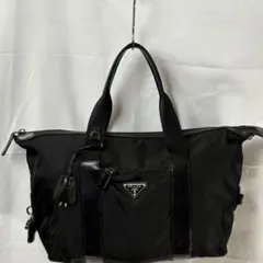 PRADAナイロン ボストントートバッグ三角ロゴ 鍵クロシェット付ブラック大容量
