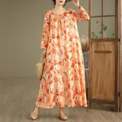 秋物美品 花柄ワンピース 丸襟 ロング 体型をカバー オーバーサイズ Aライン