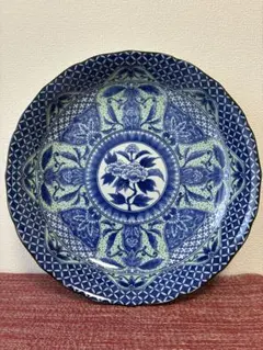 大皿 染付 花文 共箱 茶道具 和食器 骨董 青い花模様の陶器皿 木箱付き
