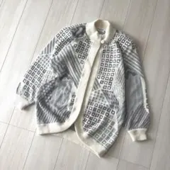 80s〜90Hana-no Knit 幾何学柄 ニットカーディガン レトロ M