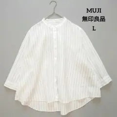 MUJI 無印良品 リネンスタンドカラー七分袖シャツ L