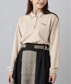 NICOLE CLUB ライン配色ワンポイント刺繍ポロシャツ／長袖（ベージュ）