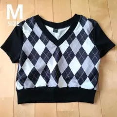 SHEIN アーガイル柄 Vネック 半袖クロップドカットソー M 韓国のサムネイル