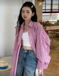 【新品未使用】オーバーサイズ ピンク紫ストライプシャツ