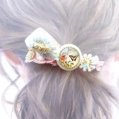 蝶とお花 インド刺繍リボン ヘアークリップ