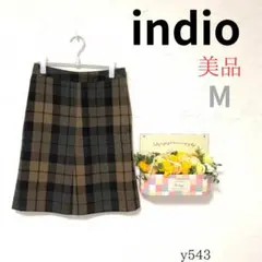 美品 【インディオ】 レディース スカート チェック 織り 裏地付 綿混 茶 Mのサムネイル
