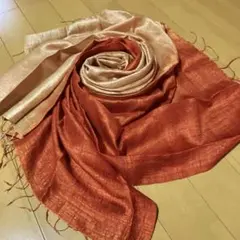 オレンジと金色のフリンジロングストール　シルク