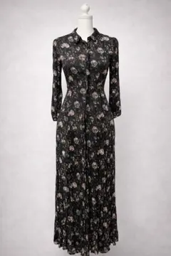 【ZARA】長袖シャツロング花柄ブラックワンピースS相当