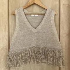 Samansa Mos2 ベージュ Vネック フリンジニットベスト