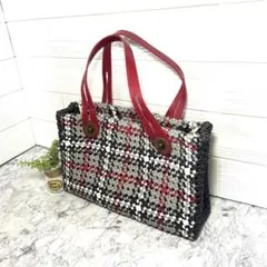 クラフトバック　ハンドメイド カゴバッグ グレー赤