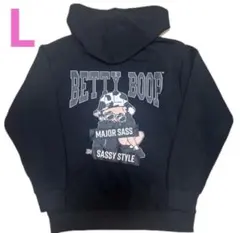 Lサイズ新品　Betty Boop ベティ牛柄バケハ　裏起毛ジップパーカー 黒