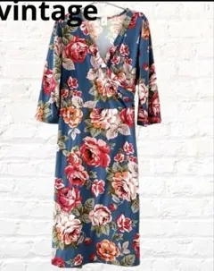 [vintage]ロングワンピース Vネック 総柄 花柄 昭和レトロ