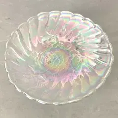 ガラス大皿 バラ彫刻 虹彩 オーロラ 特大30cm 長谷川硝子